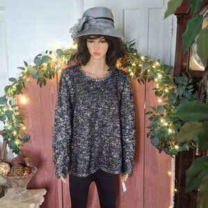 Style and Co. Black White Fuzzy Sweater L-XL w/ Subtle Silver Threading -Classy